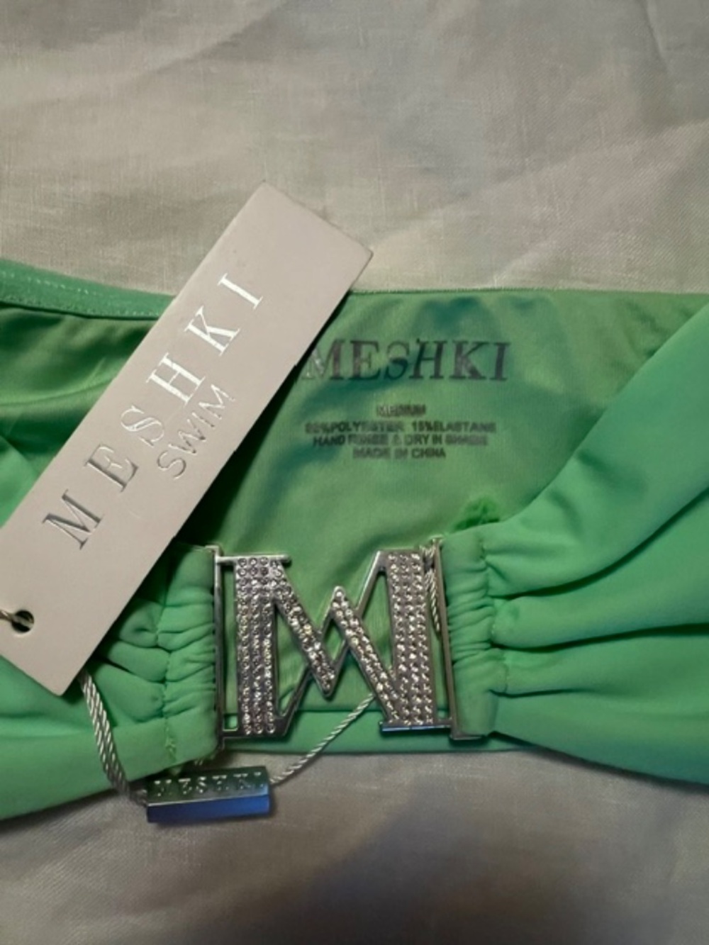 MESHKI Green Bandeau Bikini Top Sz M Silver Hardware